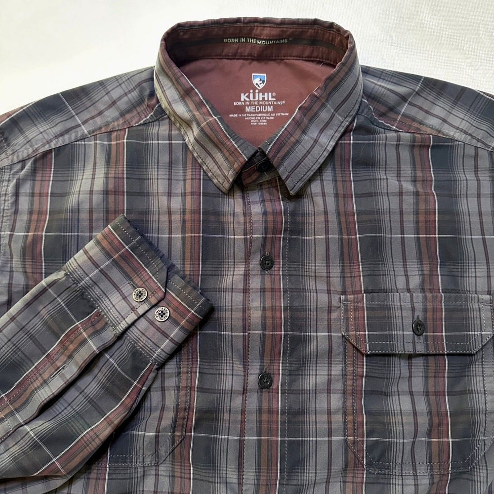 Kuhl Response Shirt Mens M Gray Plaid Button Down Long Sleeve Hiking Outdoor EUC